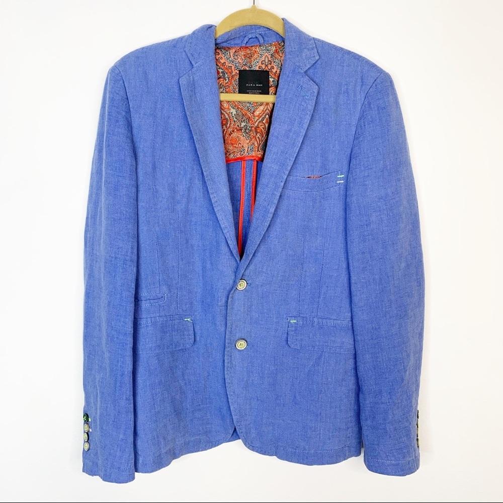 Zara Man blue blazer with green contrasting button - Picture 1 of 5